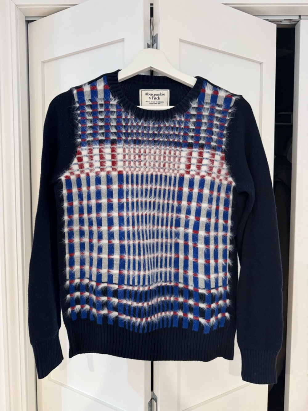 Abercrombie & Fitch Navy Crewneck Sweater with Red, White & Blue Plaid